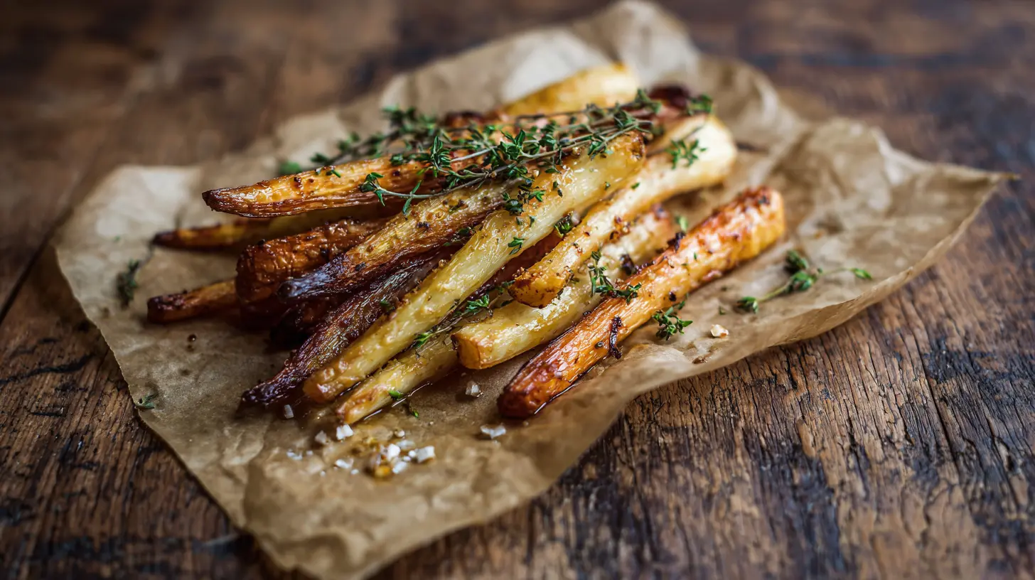 Close-up of maple roasted parsnips seasoned with fresh thyme sprigs in a serving dish.