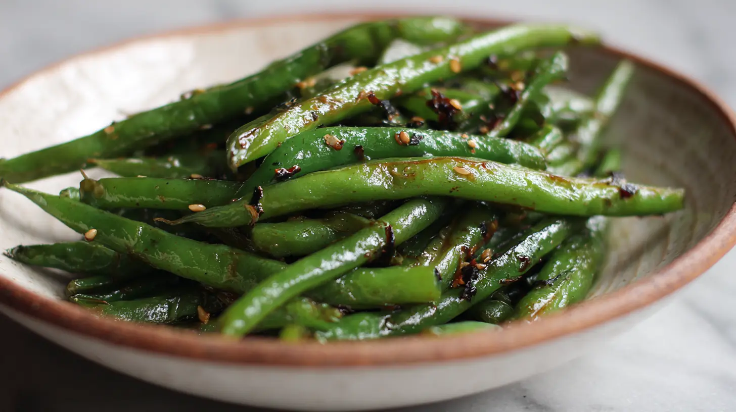 A vibrant dish of tender miso green beans served in a bowl.