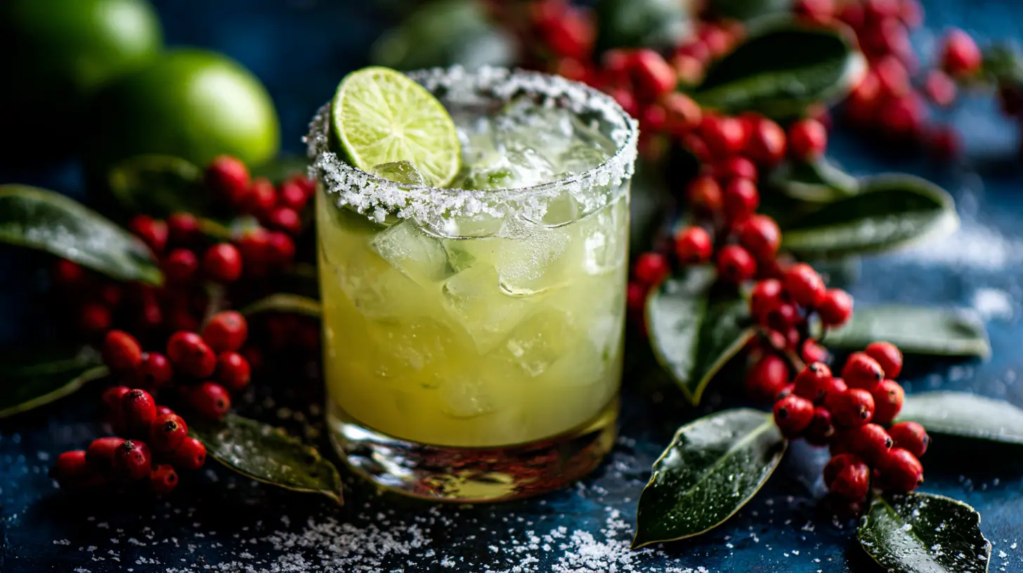 A vibrant Mistletoe Margarita garnished with cranberries and a sprig of rosemary.