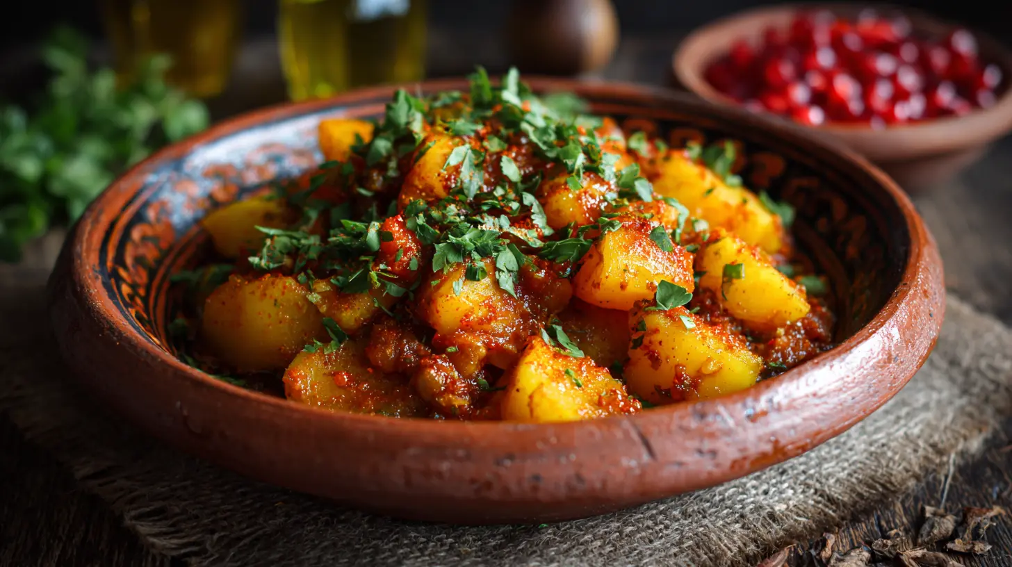 A vibrant Moroccan potato tagine simmering in a traditional clay pot.