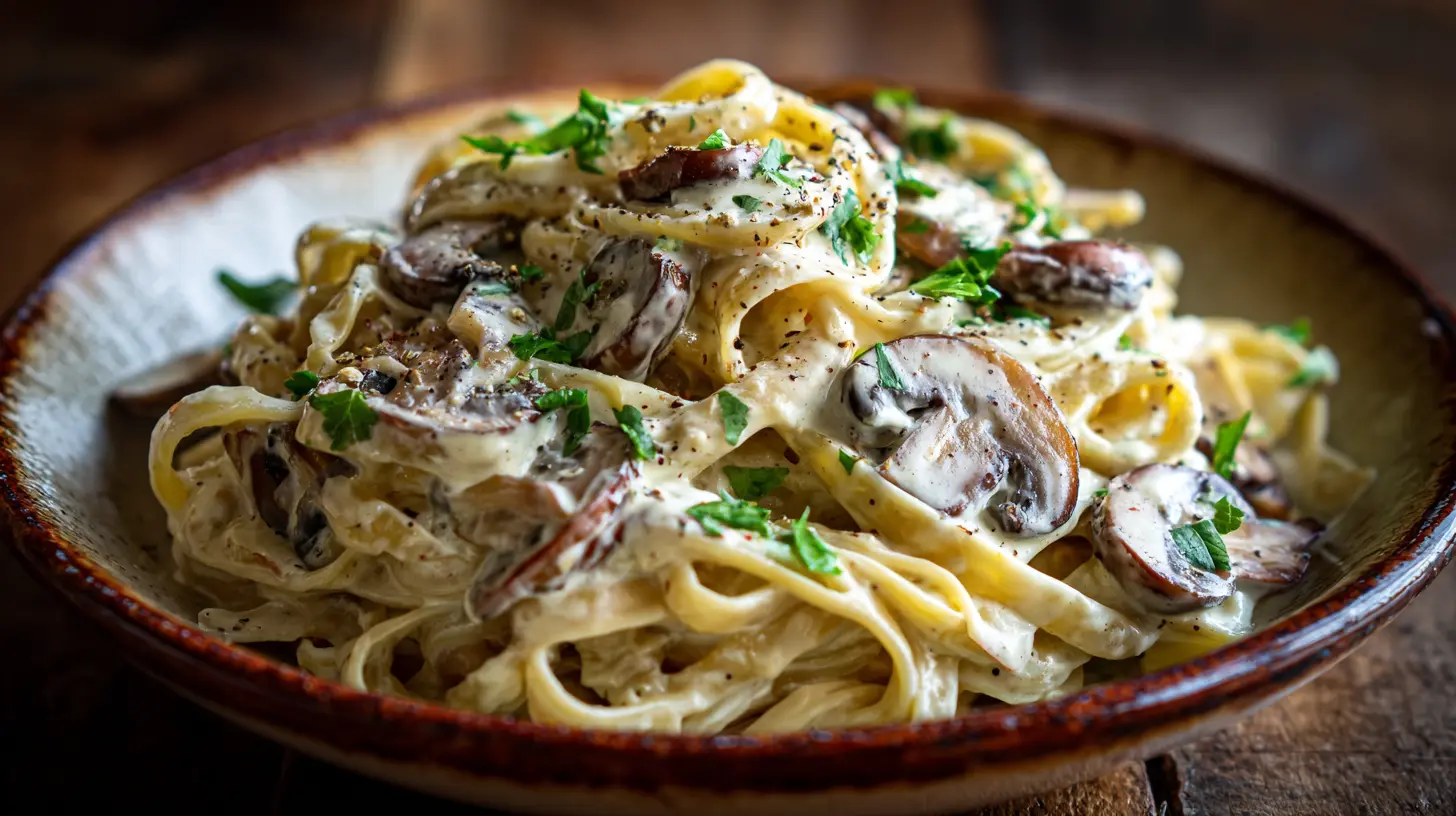 A bowl of savory mushroom alfredo pasta, garnished with fresh herbs