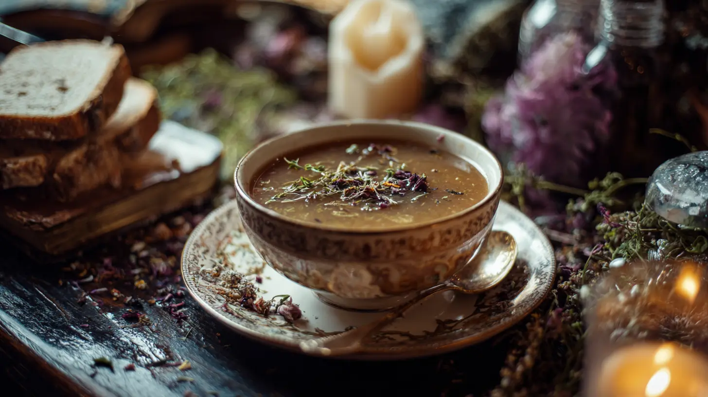 A bubbling cauldron filled with a mystical witch soup brew