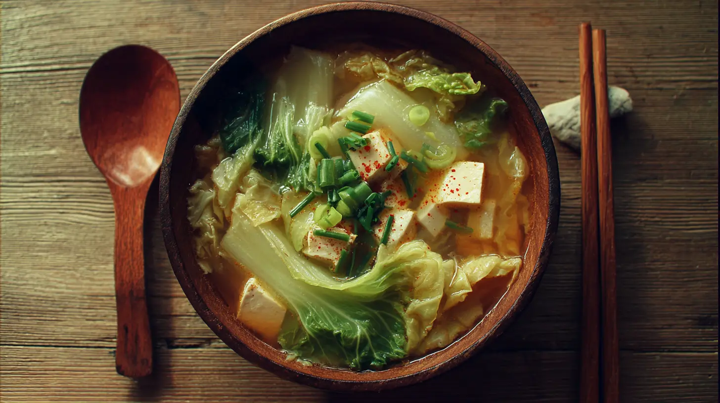 A steaming bowl of clear Napa Cabbage Tofu Soup with green onions.