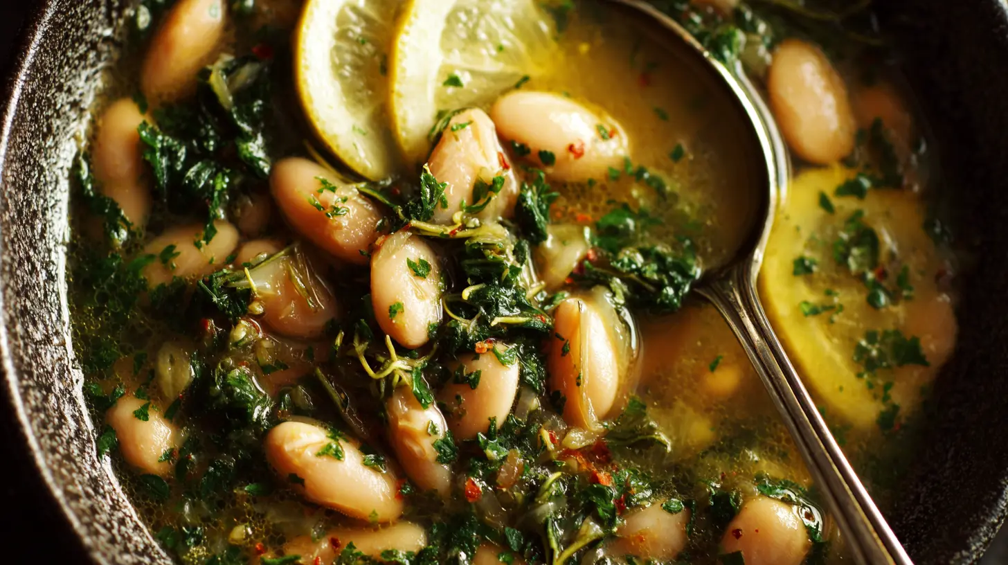 A cozy bowl of one-pot brothy beans with fresh herbs and a lemon wedge, ready to eat.