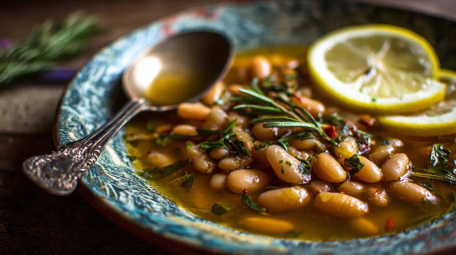 A close-up of one-pot brothy beans with fresh herbs and lemon slices.