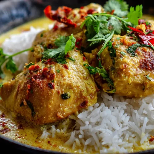 A delicious one-pot coconut chicken dish, ready to serve