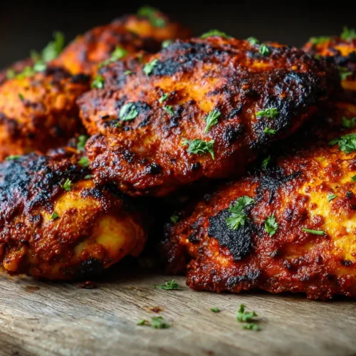 A plate of grilled Peri Peri Chicken, Portuguese style, garnished with herbs and a fiery sauce.