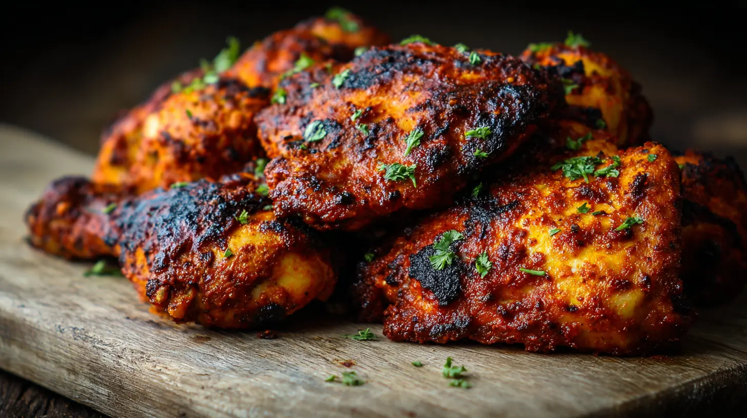 A plate of grilled Peri Peri Chicken, Portuguese style, garnished with herbs and a fiery sauce.
