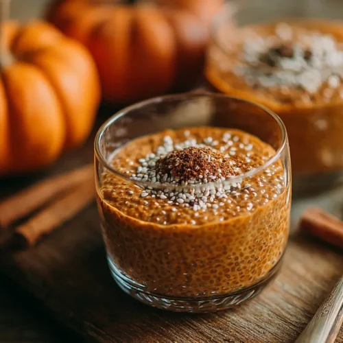 Pumpkin chia pudding served in a glass jar, garnished with pumpkin seeds and a cinnamon stick