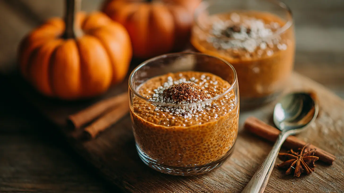 Pumpkin chia pudding served in a glass jar, garnished with pumpkin seeds and a cinnamon stick