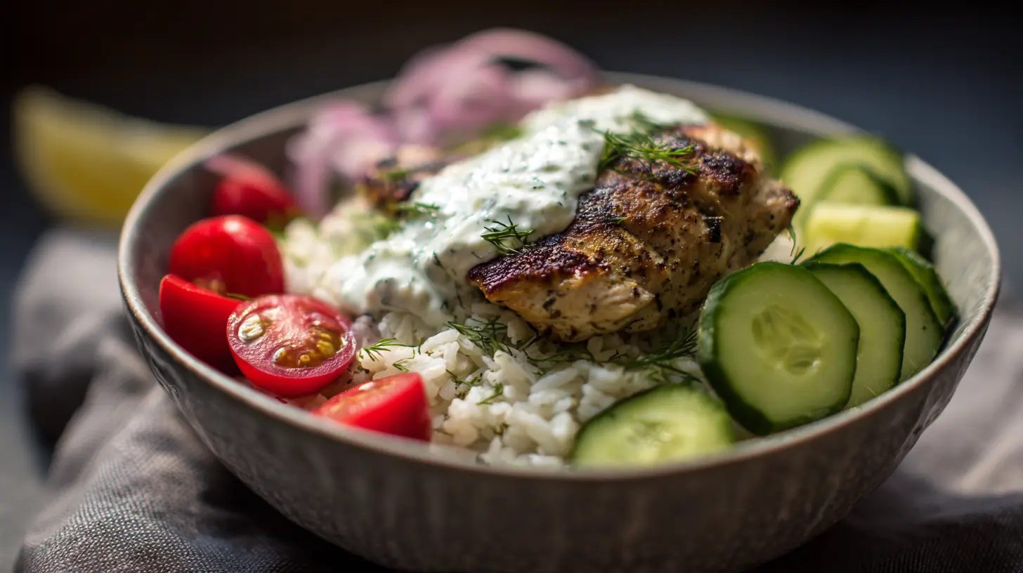 A vibrant Refreshing Chicken Tzatziki Bowl with grilled chicken and fresh vegetables.