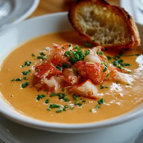 A rich crab and shrimp bisque served in a white bowl