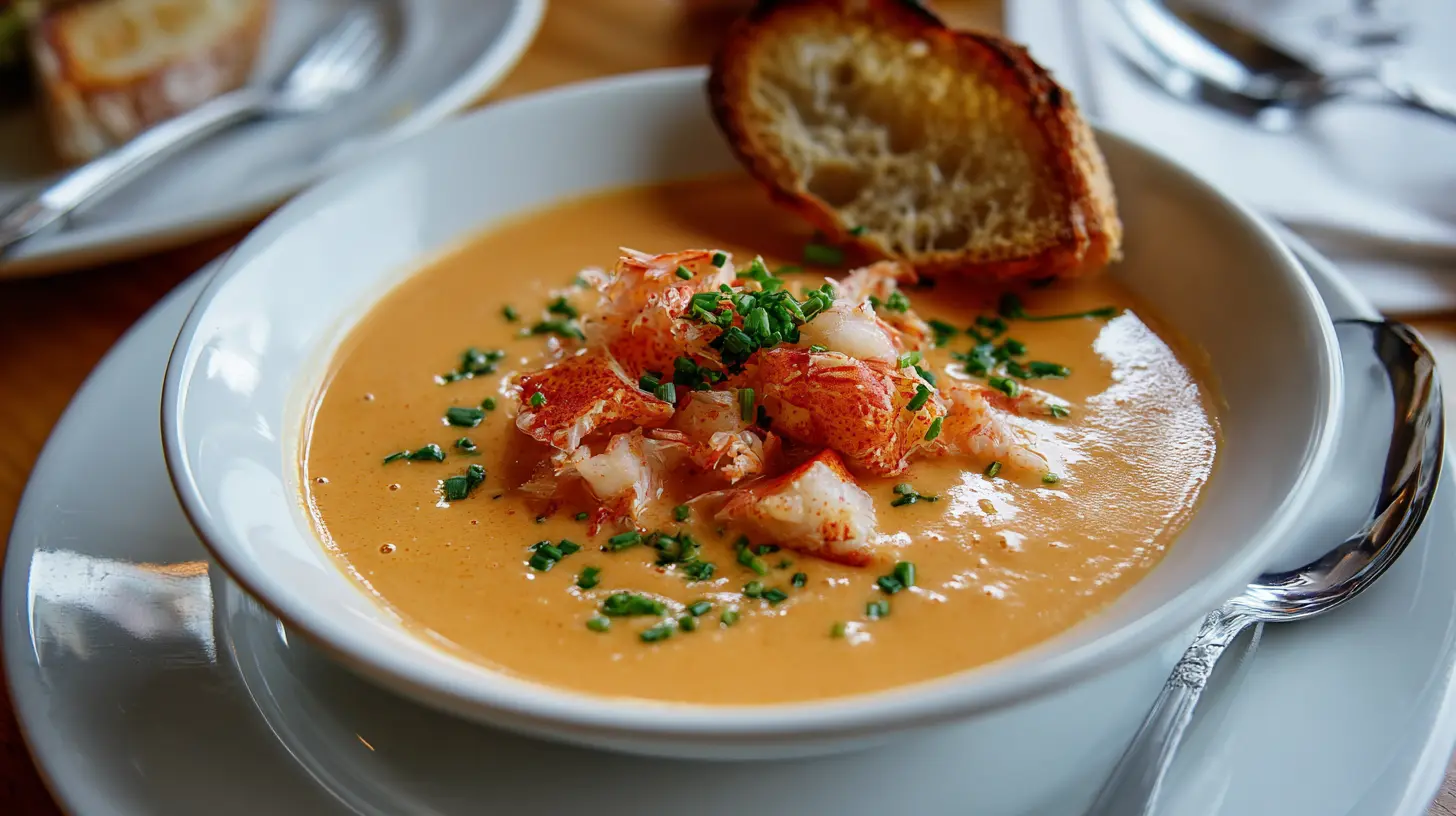 A rich crab and shrimp bisque served in a white bowl