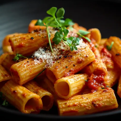 A vibrant bowl of Rigatoni Arrabbiata pasta with rich red sauce.
