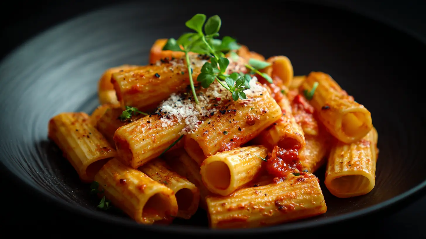A vibrant bowl of Rigatoni Arrabbiata pasta with rich red sauce.