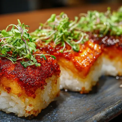 Delicious salmon crispy rice with a golden bottom and fresh toppings.