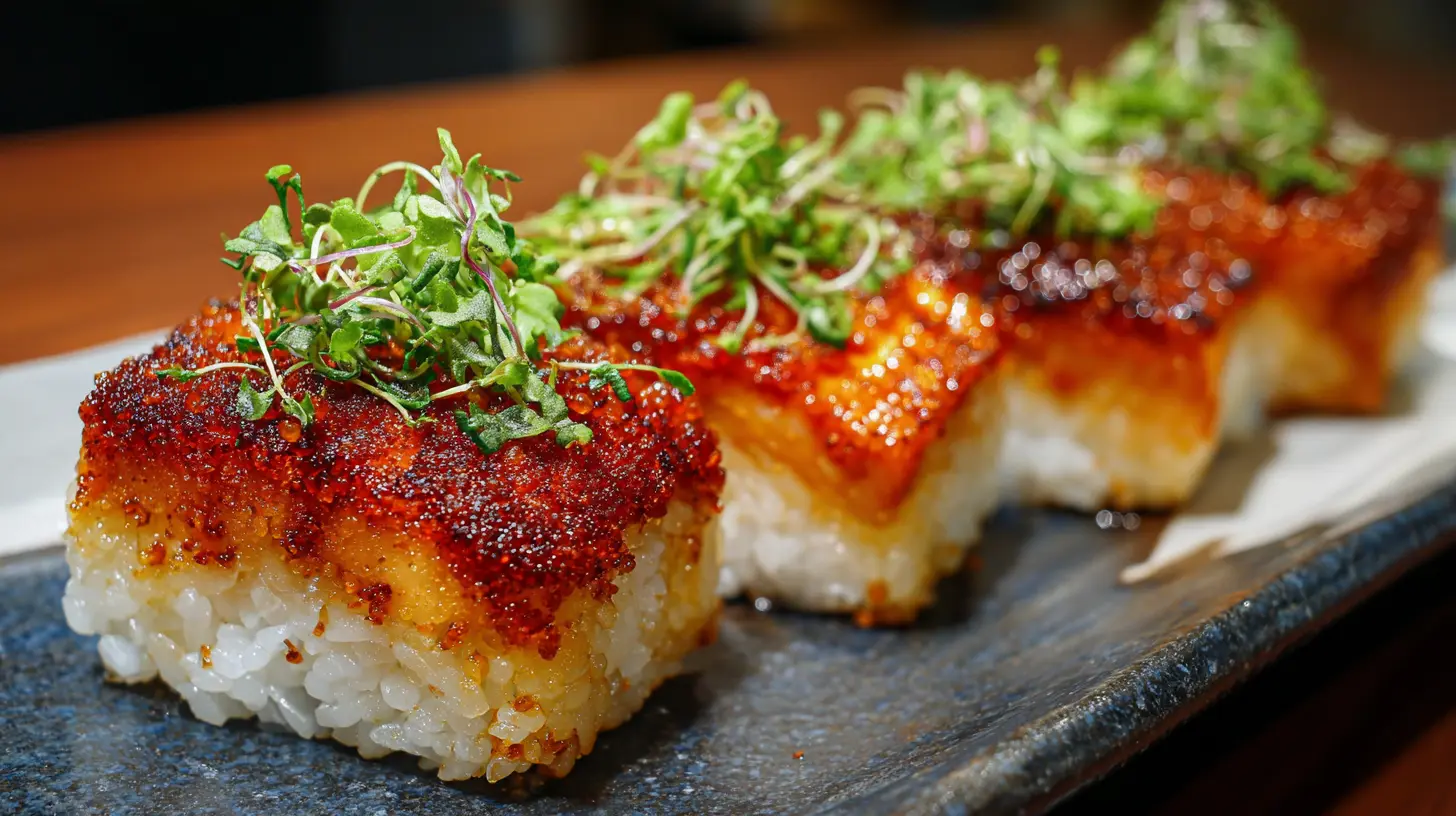 Delicious salmon crispy rice with a golden bottom and fresh toppings.