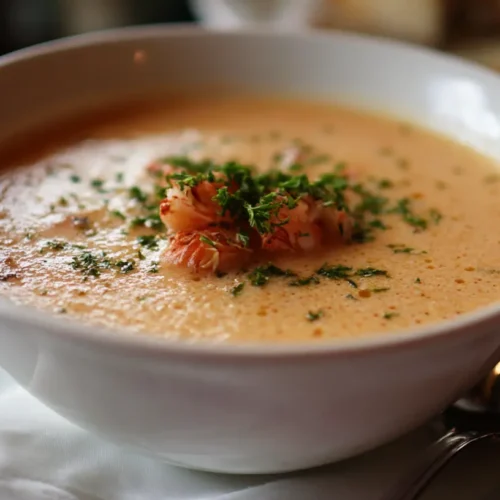 A rich, creamy crab and shrimp seafood bisque garnished with fresh herbs