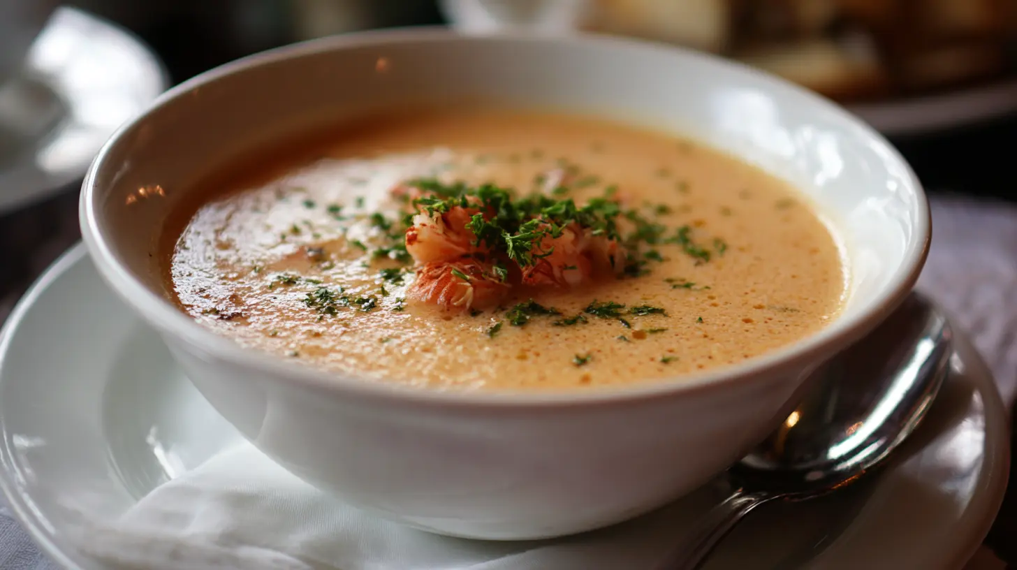 A rich, creamy crab and shrimp seafood bisque garnished with fresh herbs