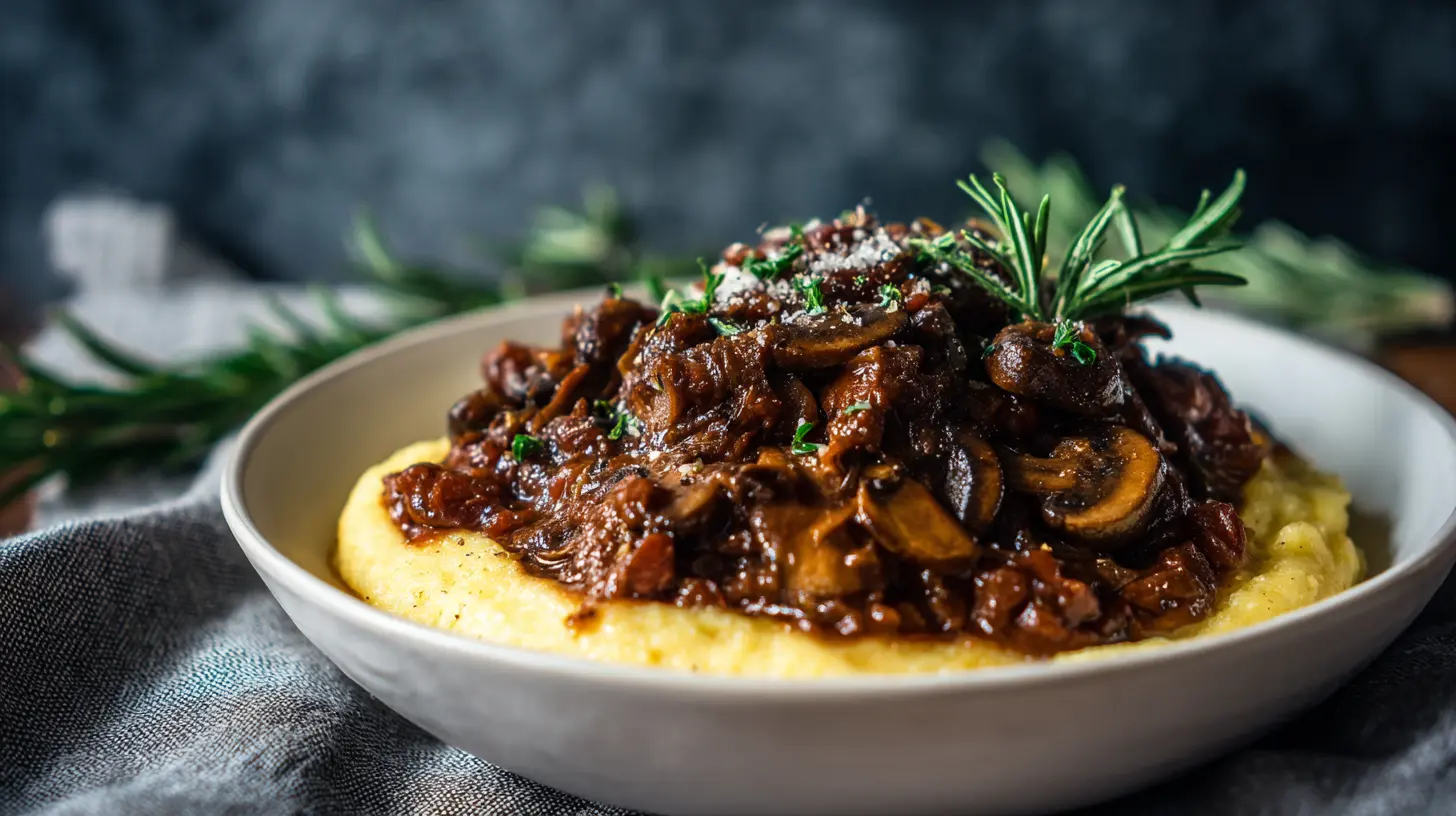 A bowl of savory mushroom ragu sauce simmered to perfection