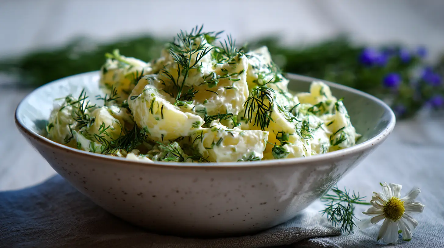 A fresh bowl of Scandinavian dill potato salad with creamy dressing