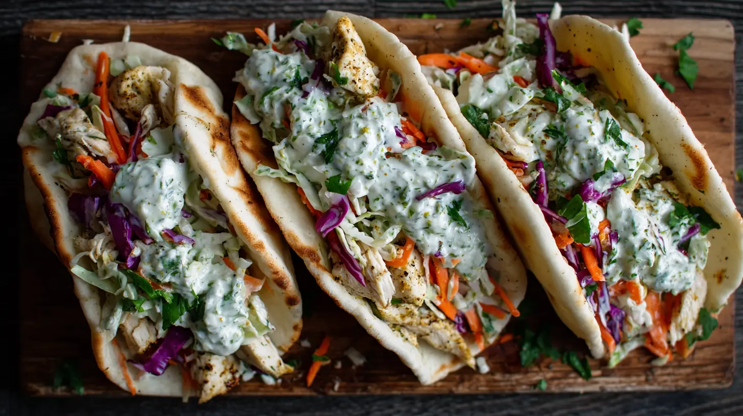 Sheet pan chicken pitas with fresh herb ranch slaw, ready to serve.