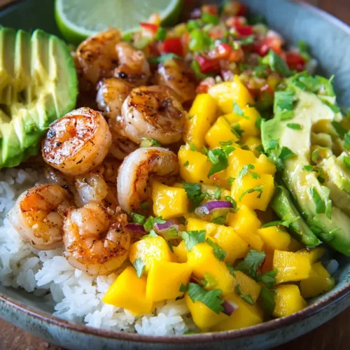 Shrimp and avocado bowls with vibrant mango salsa