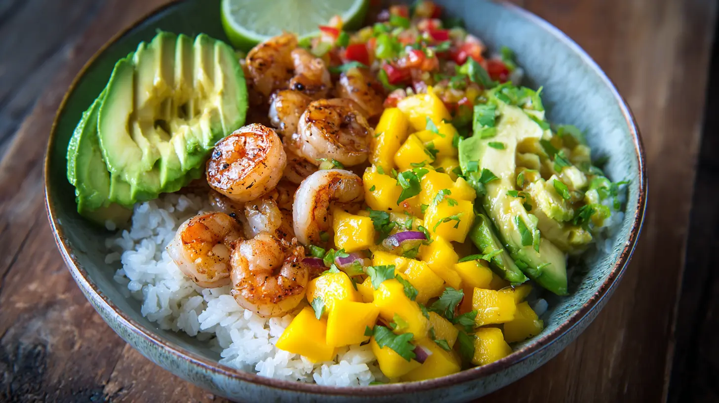 Shrimp and avocado bowls with vibrant mango salsa