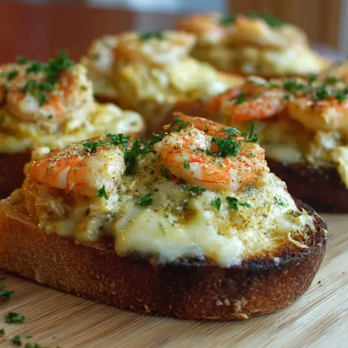 Close-up of golden brown shrimp crab melts on melty cheese
