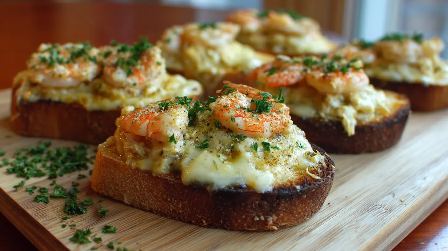 Close-up of golden brown shrimp crab melts on melty cheese