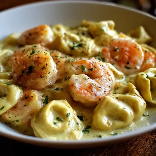 Close-up of shrimp tortellini in a creamy lemon garlic sauce, garnished with fresh herbs.