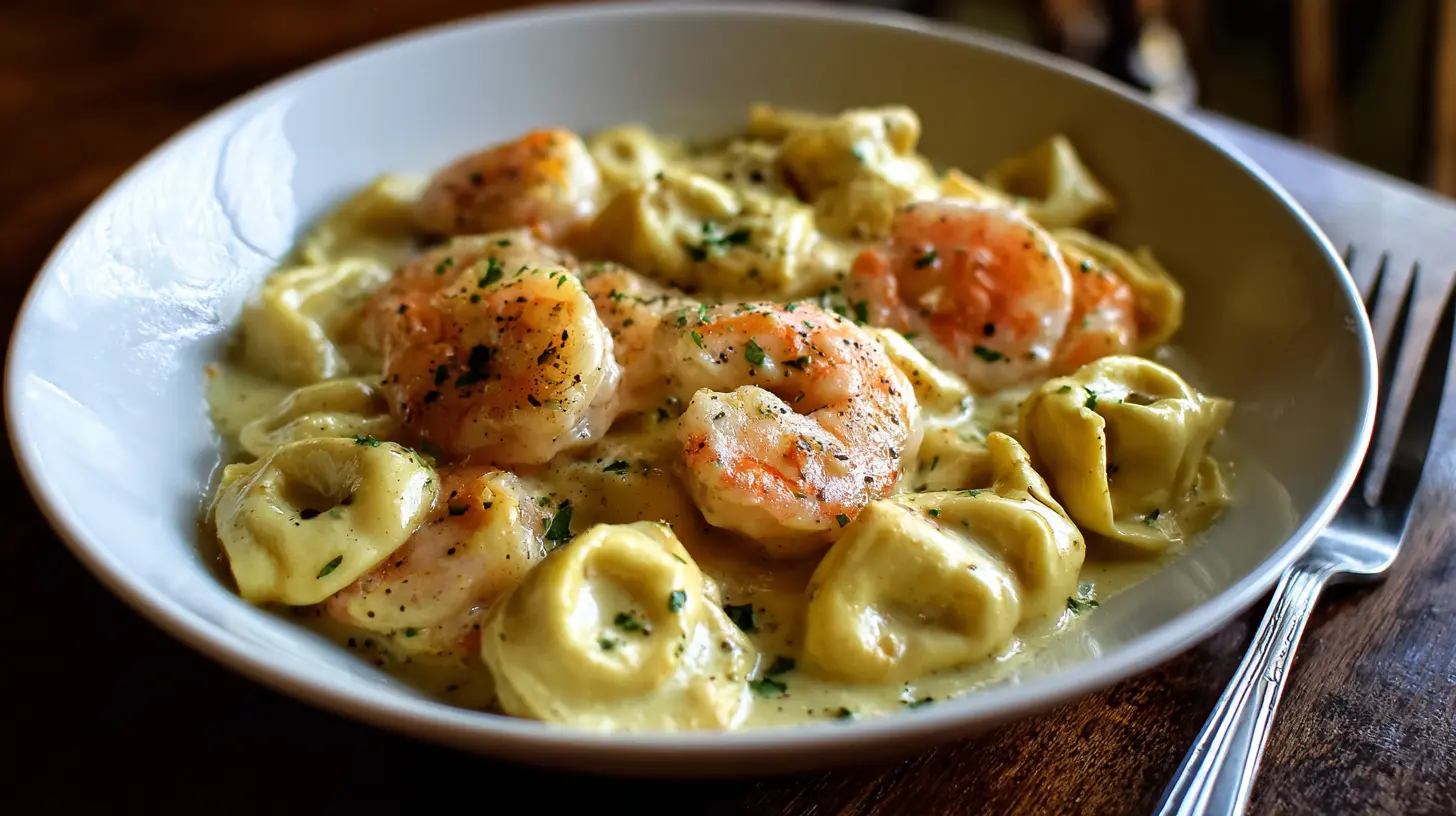 Close-up of shrimp tortellini in a creamy lemon garlic sauce, garnished with fresh herbs.