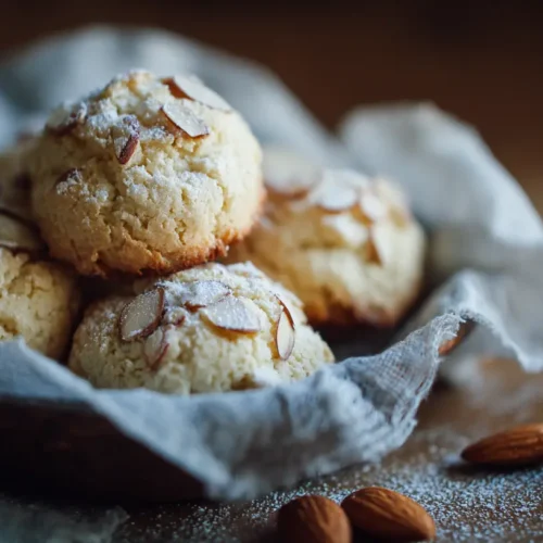 A close-up of several soft ricotta almond pillows arranged on a serving dish.
