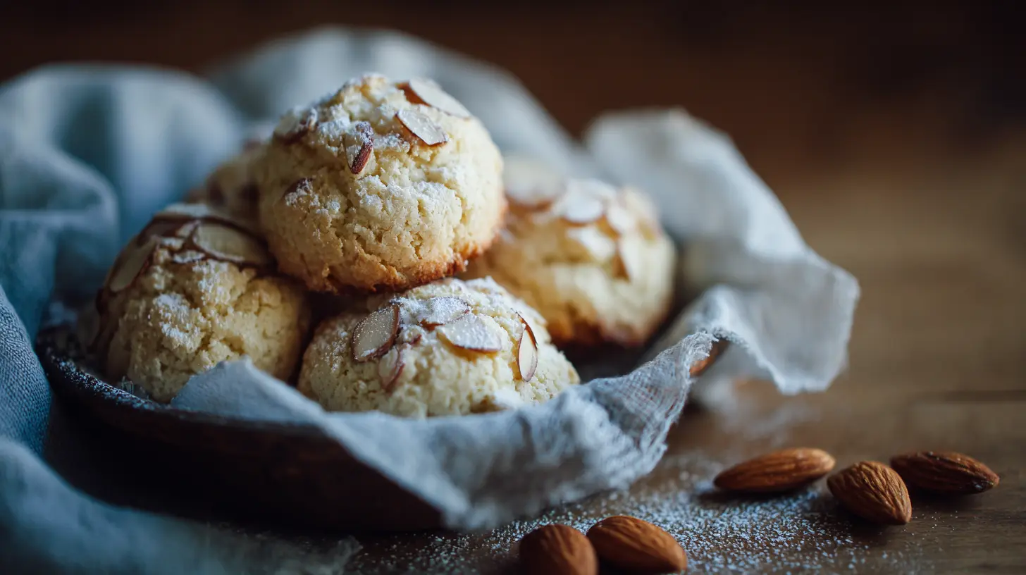 A close-up of several soft ricotta almond pillows arranged on a serving dish.