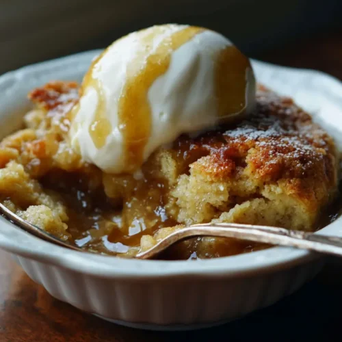 A hot Southern banana cobbler with caramelized topping, fresh from the oven.