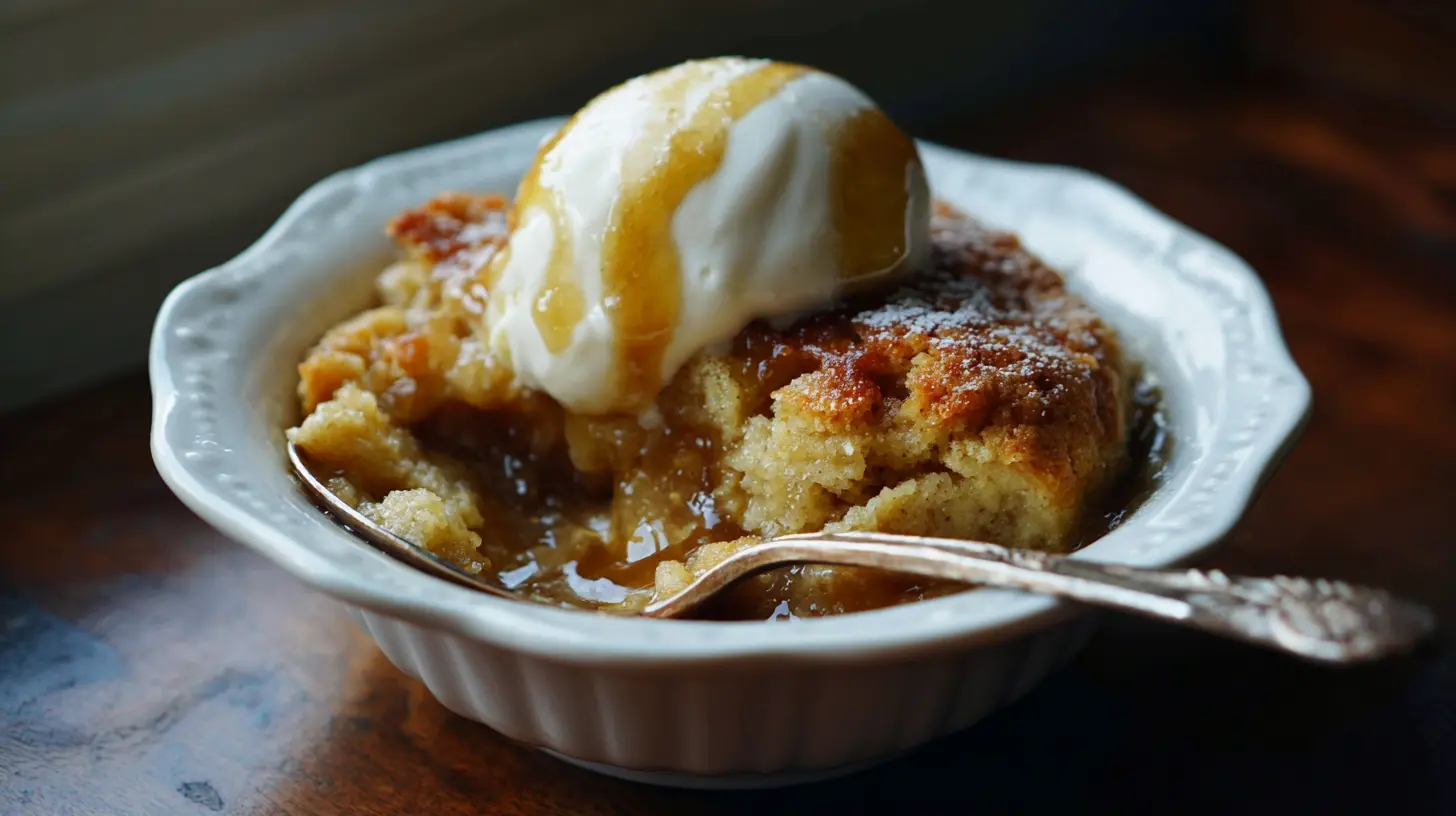 A hot Southern banana cobbler with caramelized topping, fresh from the oven.