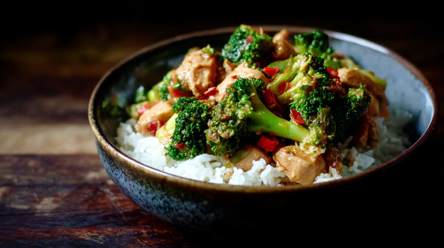 A vibrant plate of spicy garlic chicken and broccoli, ready to eat.
