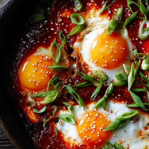 A serving of spicy Gochujang eggs, glistening with sauce.