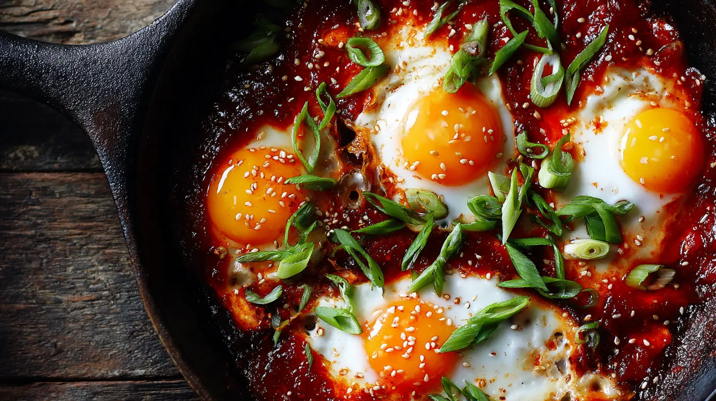 A serving of spicy Gochujang eggs, glistening with sauce.