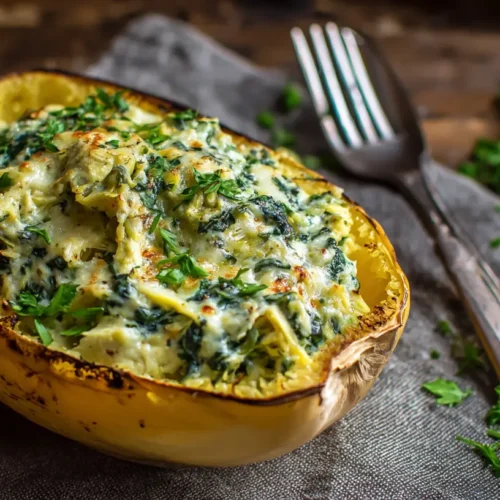 A golden-brown spaghetti squash halves filled with creamy spinach and artichoke stuffing