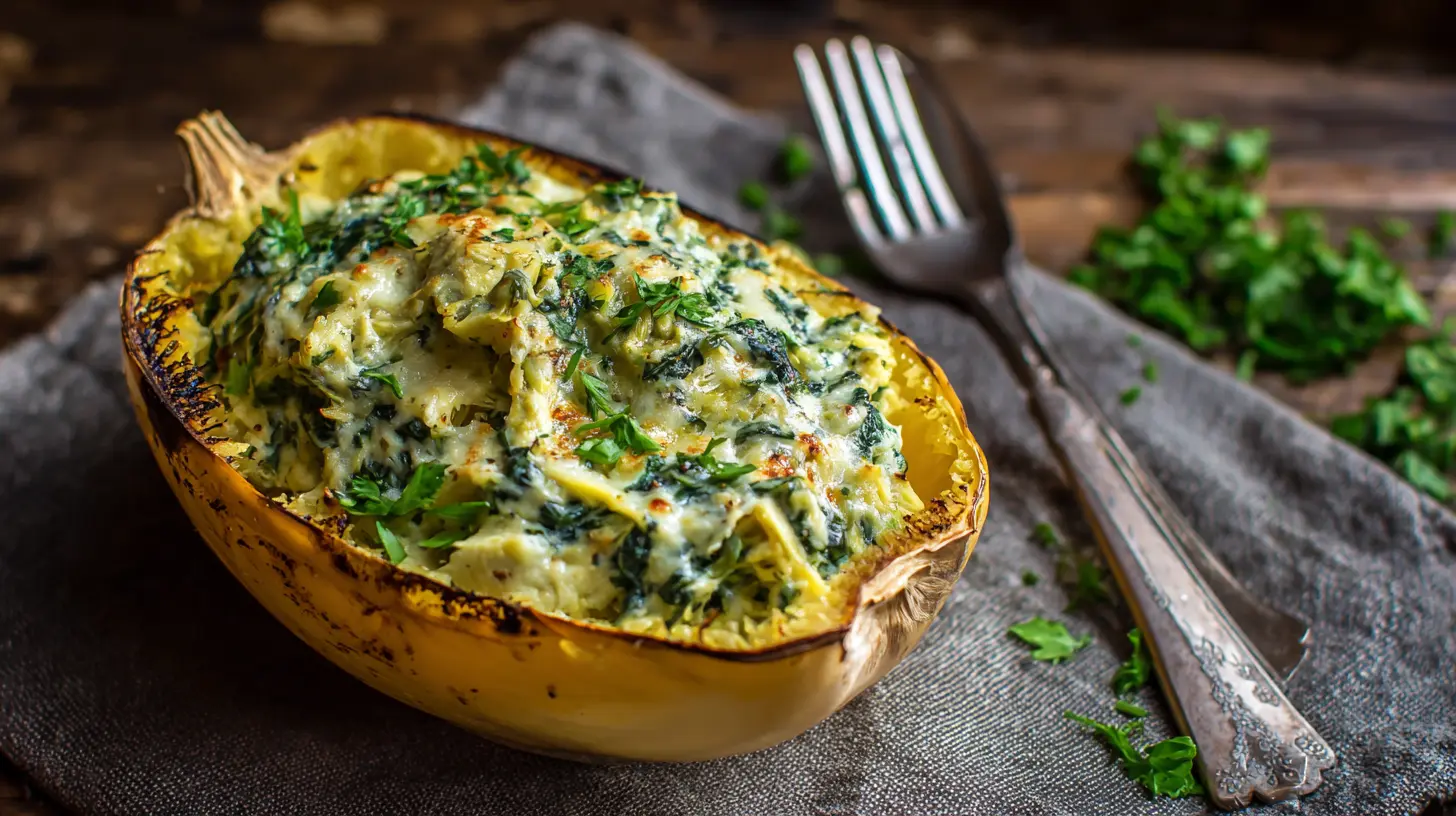A golden-brown spaghetti squash halves filled with creamy spinach and artichoke stuffing