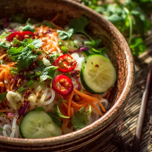 A refreshing spring roll salad with a drizzle of spicy ginger dressing