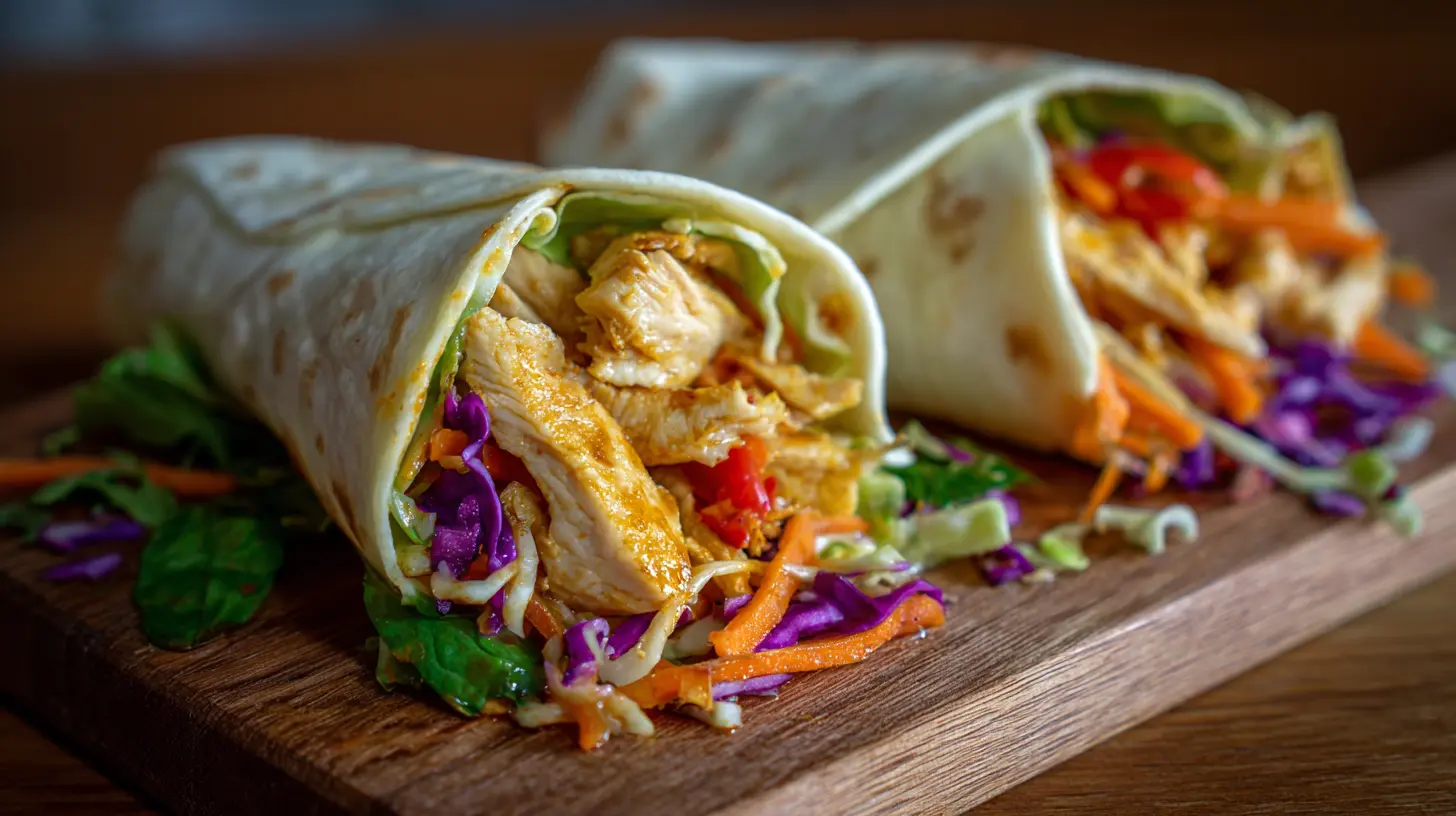 Sweet chili chicken wraps arranged neatly on a platter, ready to serve.