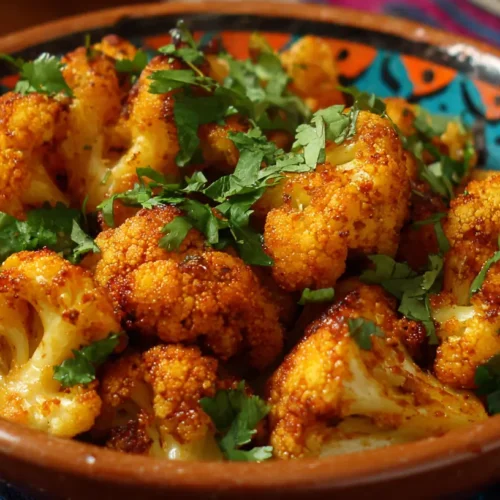 A close-up of perfectly roasted sweet and spicy baked cauliflower florets, glistening with glaze.