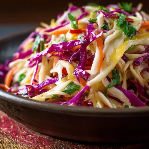 A vibrant bowl of sweet and spicy pickle slaw, ready to serve.