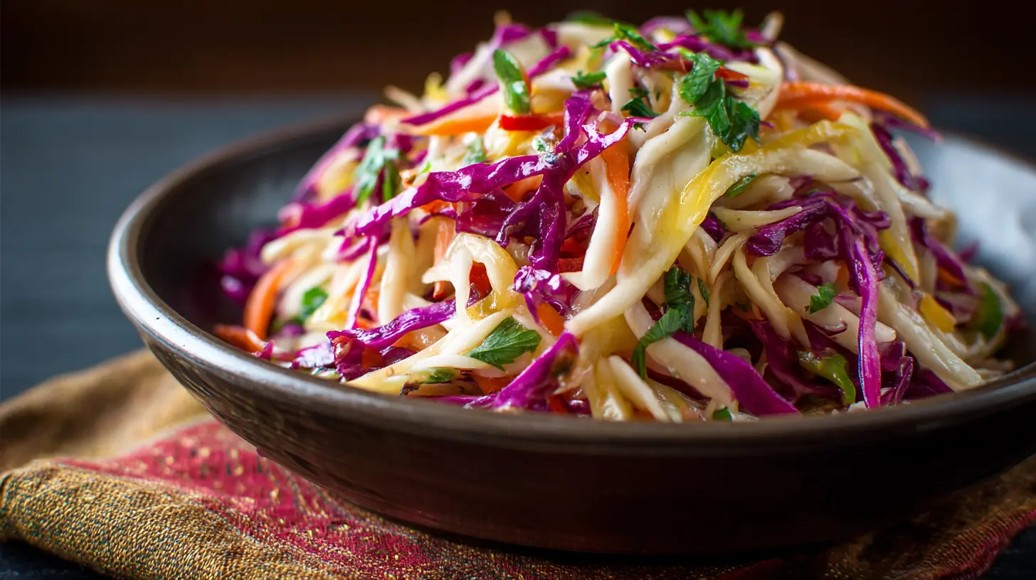 A vibrant bowl of sweet and spicy pickle slaw, ready to serve.