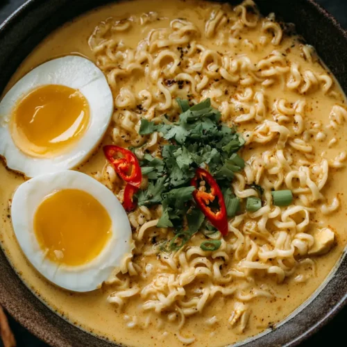A steaming bowl of Thai coconut curry ramen with fresh ingredients