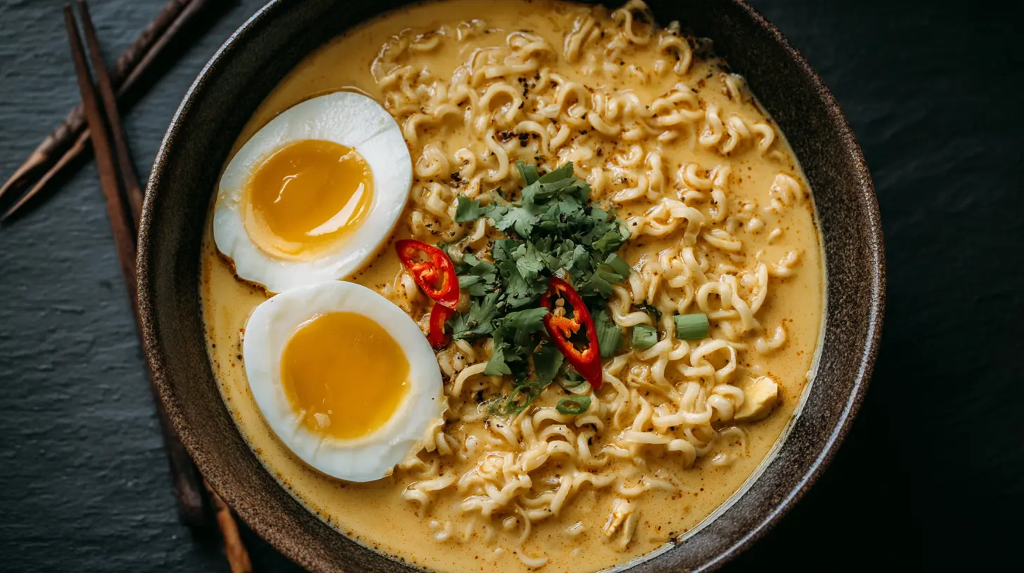 A steaming bowl of Thai coconut curry ramen with fresh ingredients