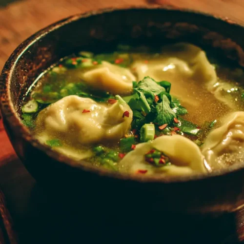 A steaming bowl of Thai potsticker soup with fresh herbs and chili oil