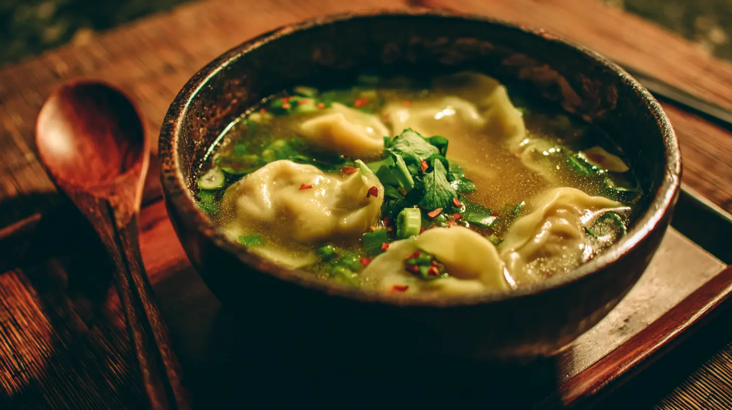 A steaming bowl of Thai potsticker soup with fresh herbs and chili oil